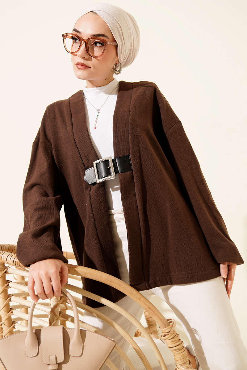 Belted Ribbed Felt Kimono - Brown