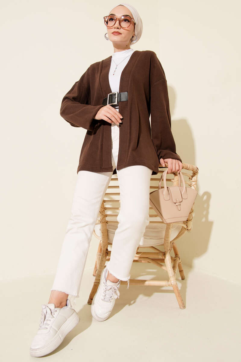 Belted Ribbed Felt Kimono - Brown