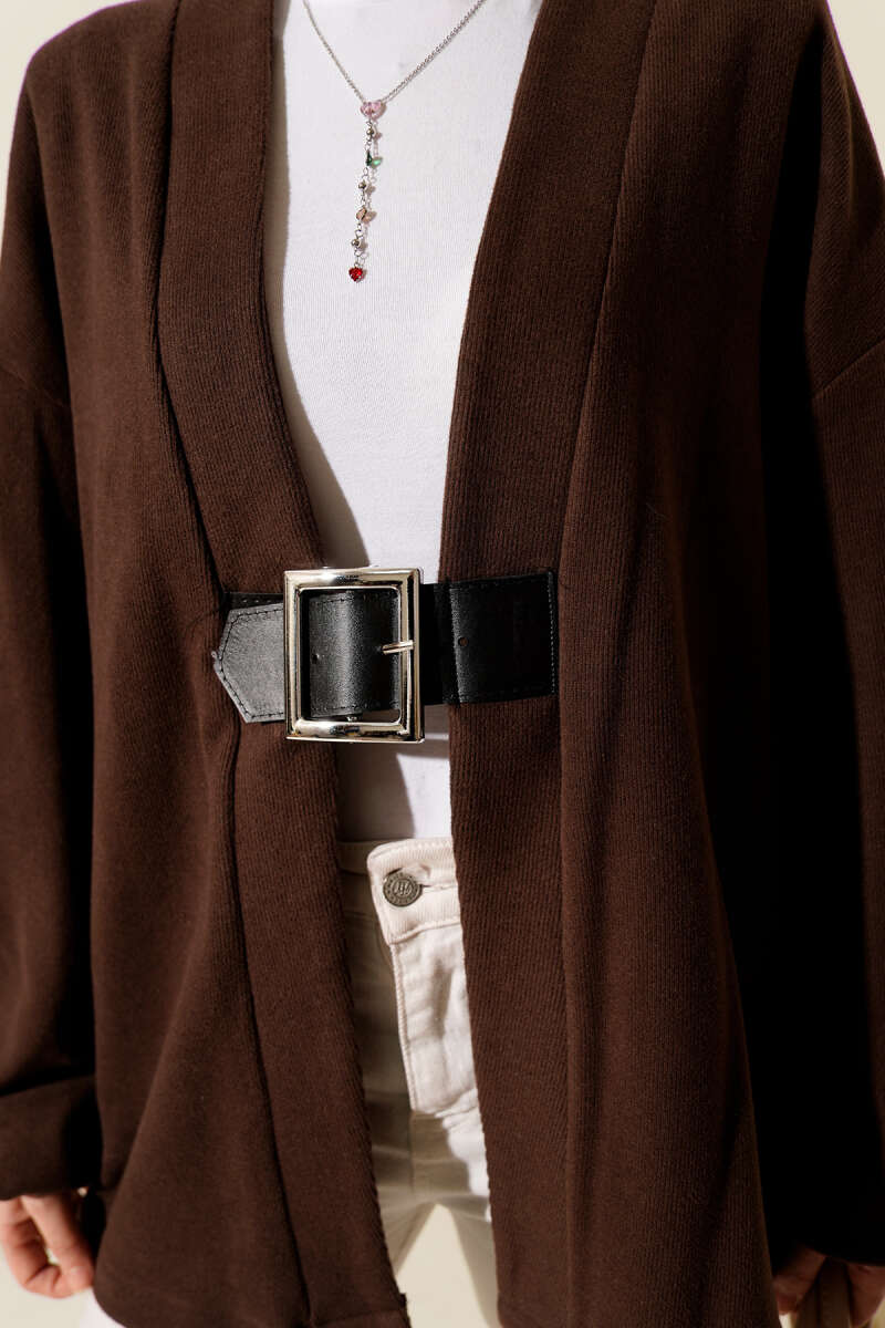 Belted Ribbed Felt Kimono - Brown