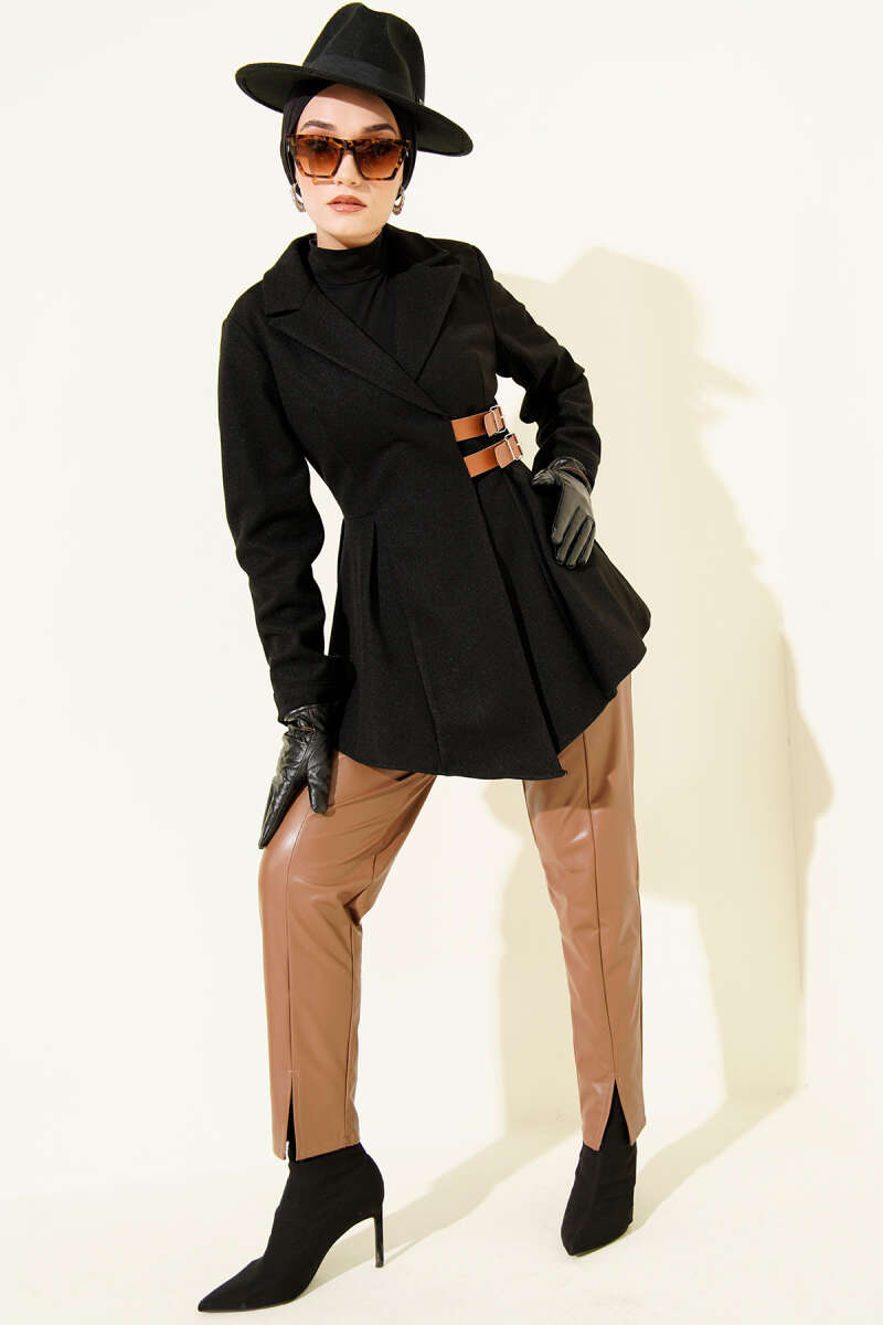 Felt Jacket with Belt Detail - Black