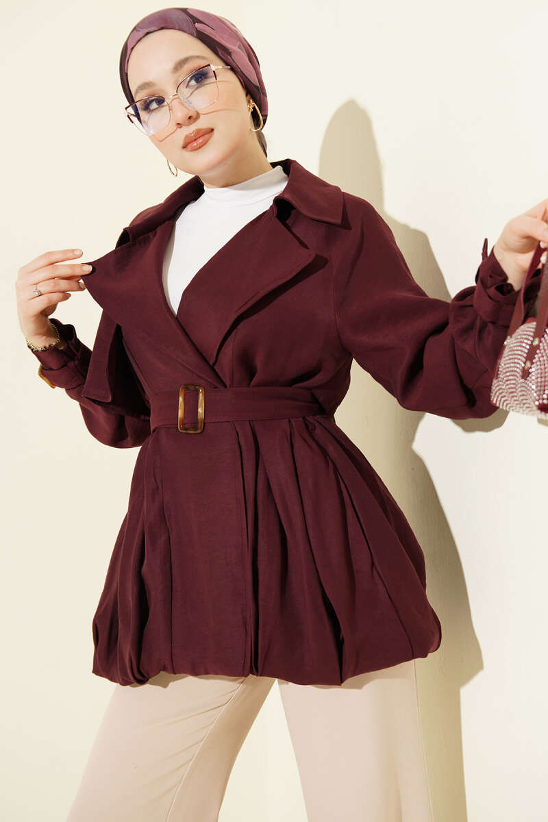 Short Trench Coat with Belt Detail - Burgundy