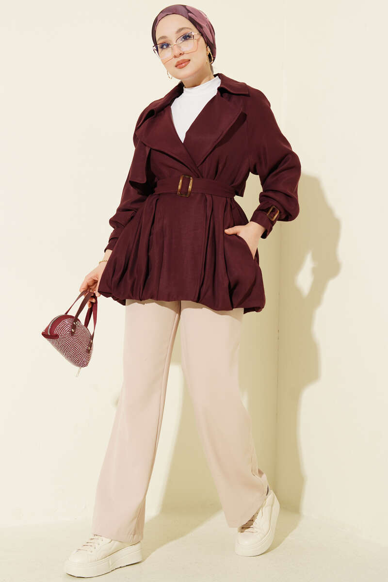 Short Trench Coat with Belt Detail - Burgundy