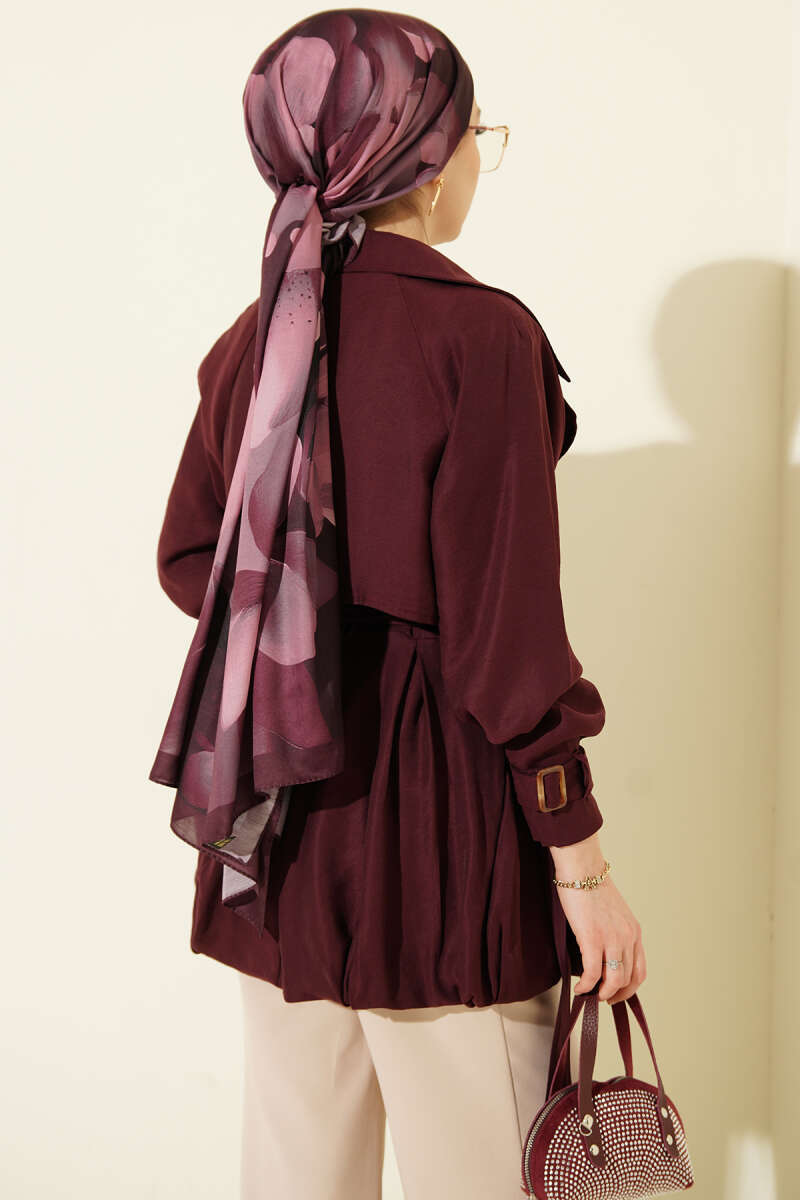 Short Trench Coat with Belt Detail - Burgundy