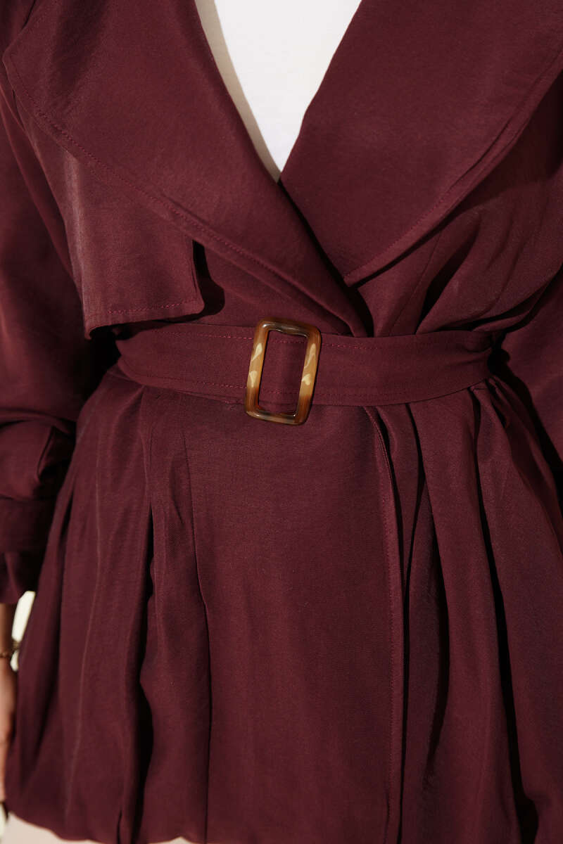 Short Trench Coat with Belt Detail - Burgundy