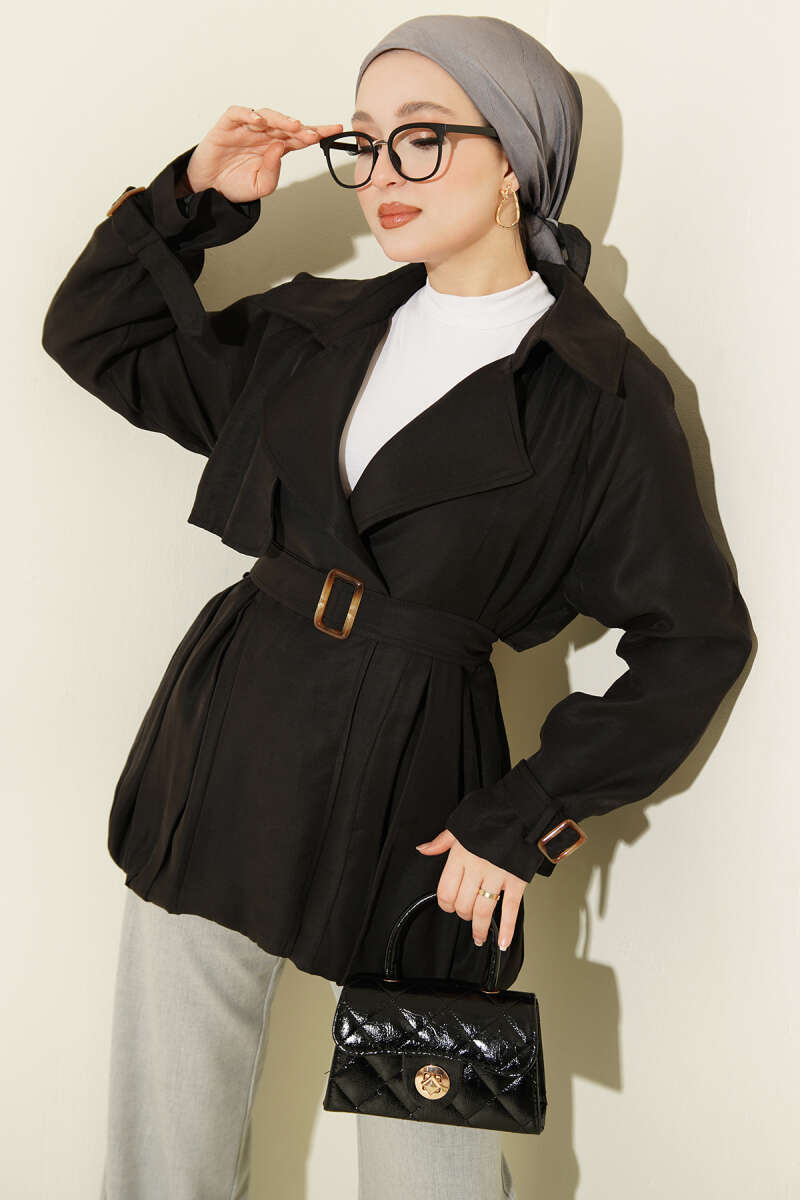 Short Trench Coat with Belt Detail - Black