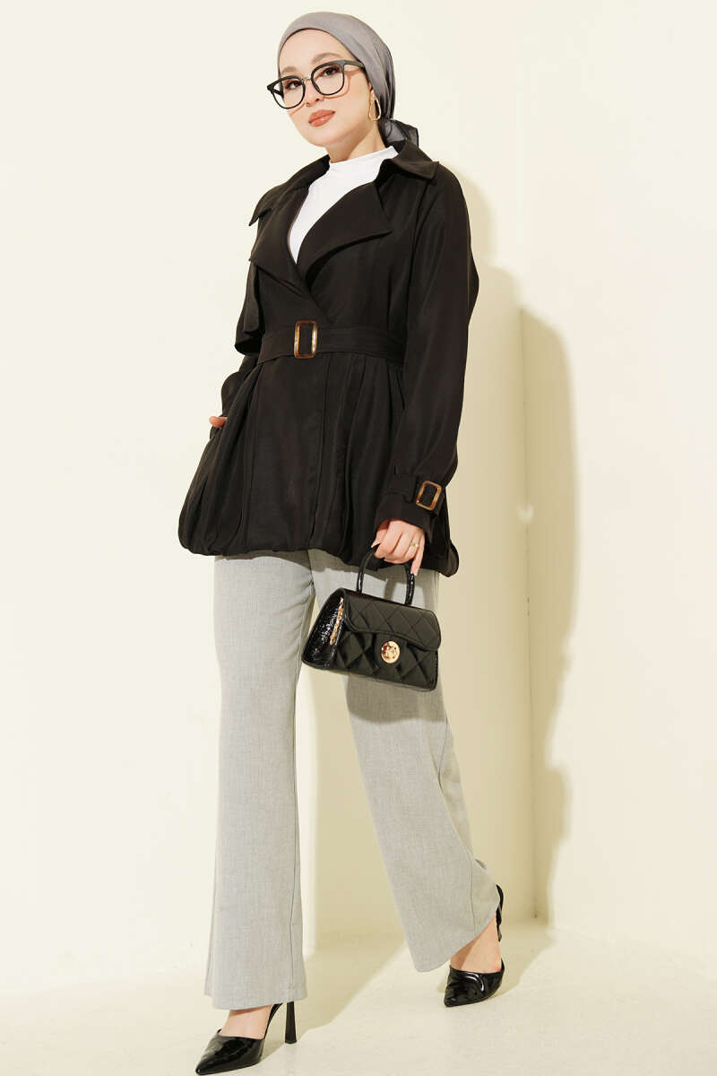 Short Trench Coat with Belt Detail - Black