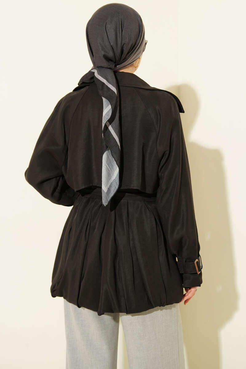 Short Trench Coat with Belt Detail - Black