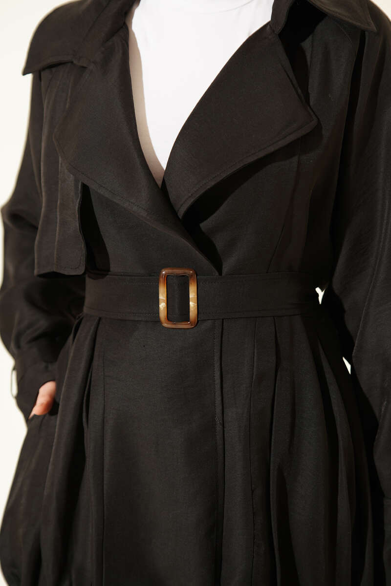 Short Trench Coat with Belt Detail - Black