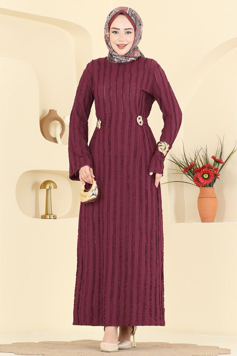 Belted Amazon Knit Dress with Buckle - Burgundy