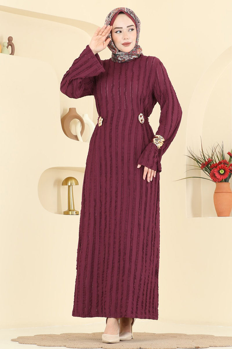 Belted Amazon Knit Dress with Buckle - Burgundy
