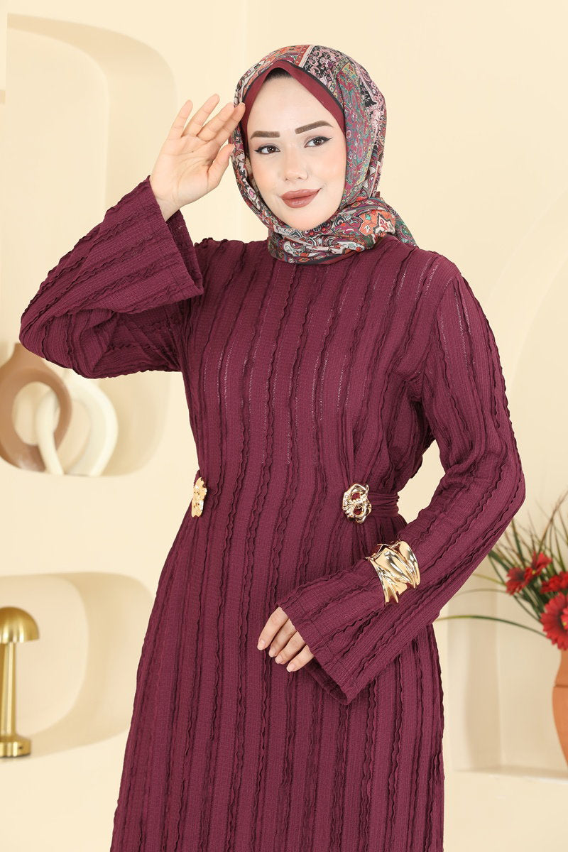 Belted Amazon Knit Dress with Buckle - Burgundy