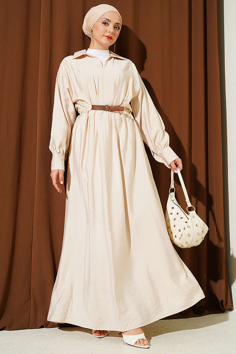 Flared Dress with Darts and Belt Detail - Beige