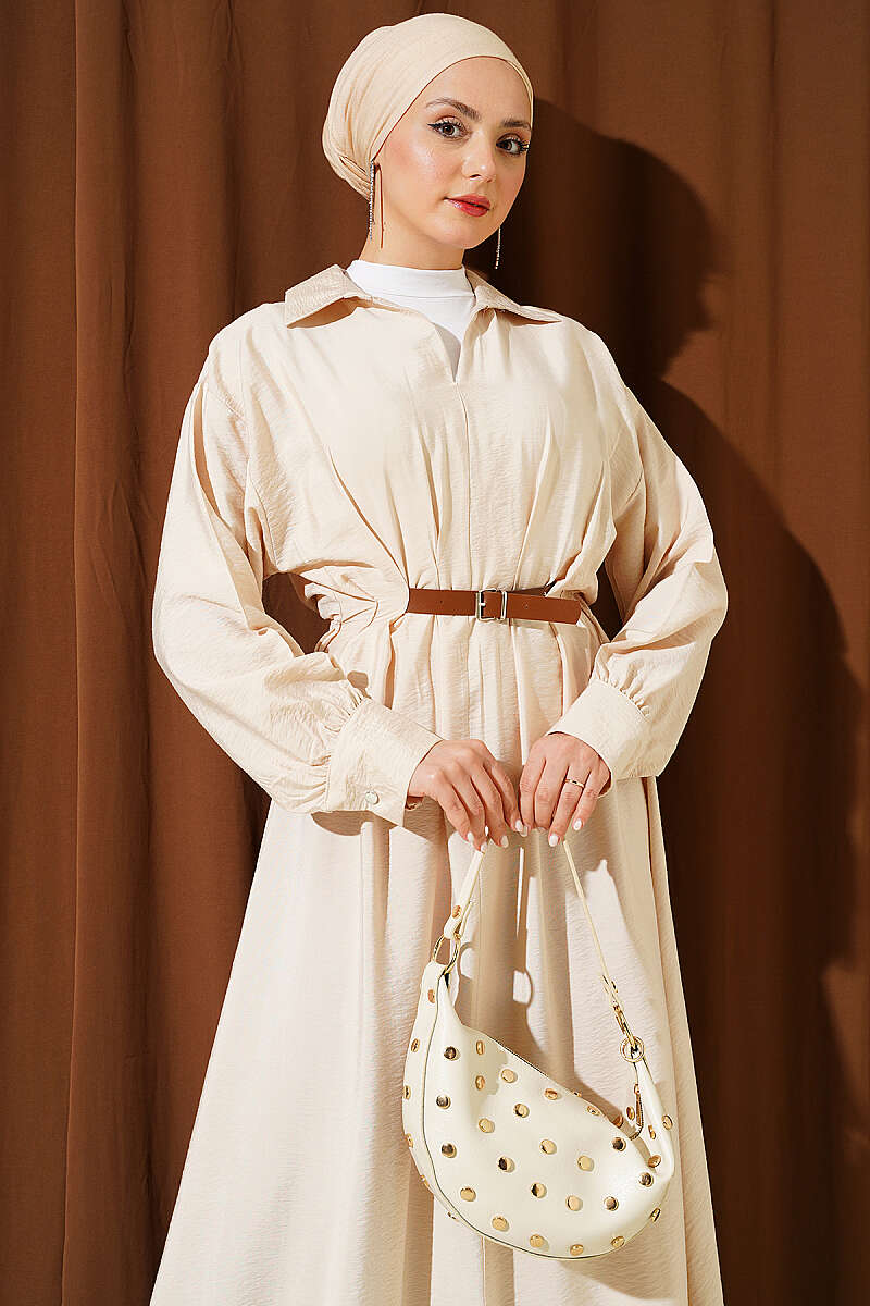 Flared Dress with Darts and Belt Detail - Beige
