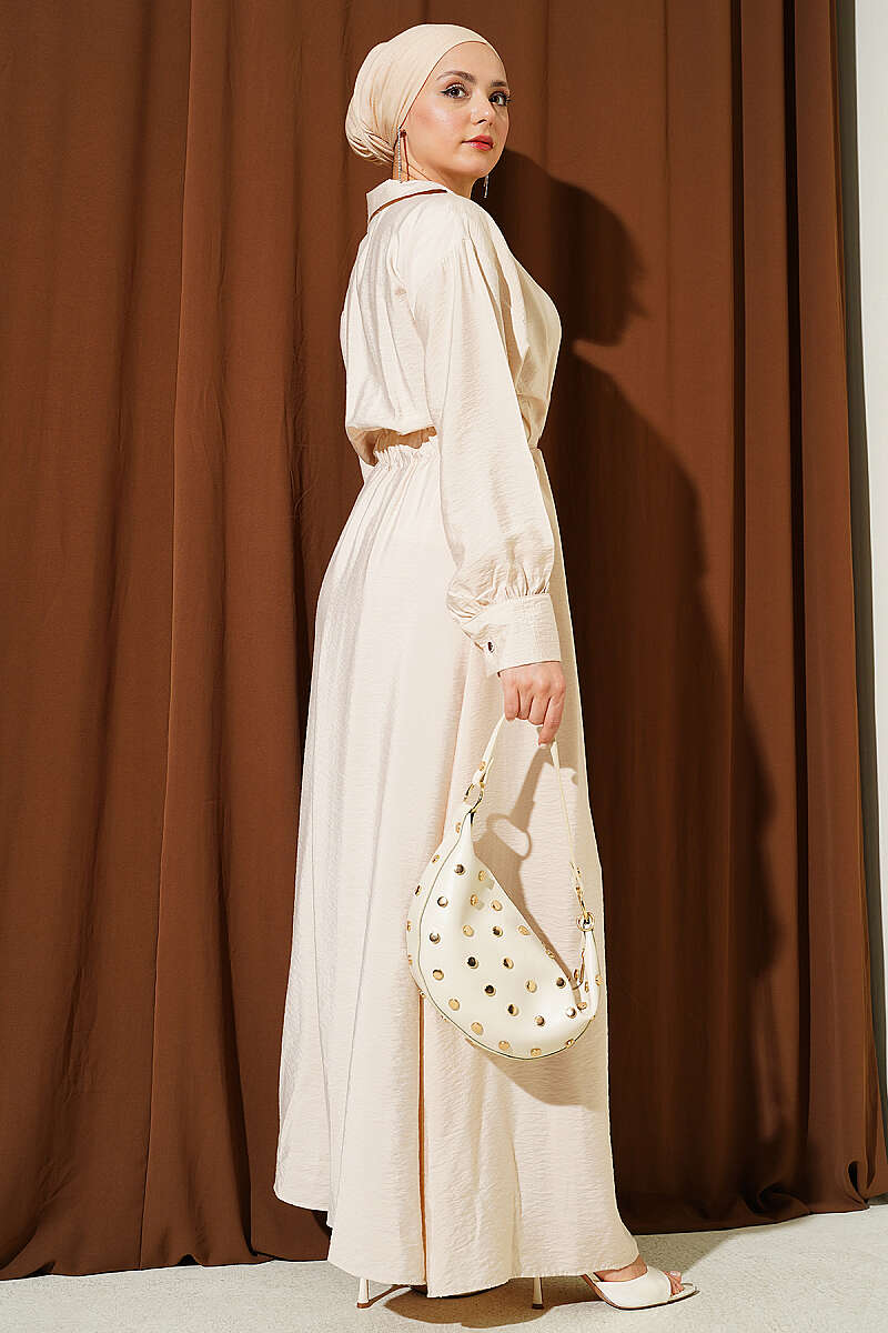 Flared Dress with Darts and Belt Detail - Beige