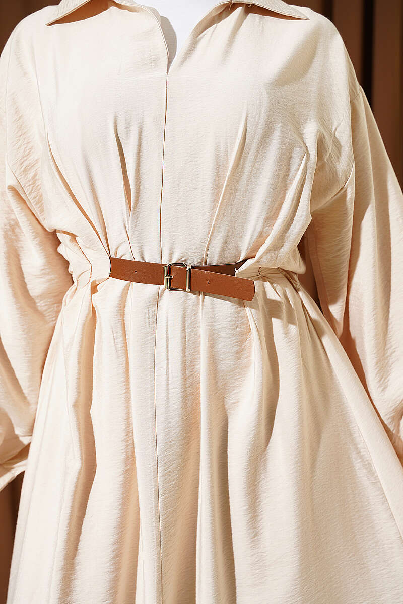 Flared Dress with Darts and Belt Detail - Beige