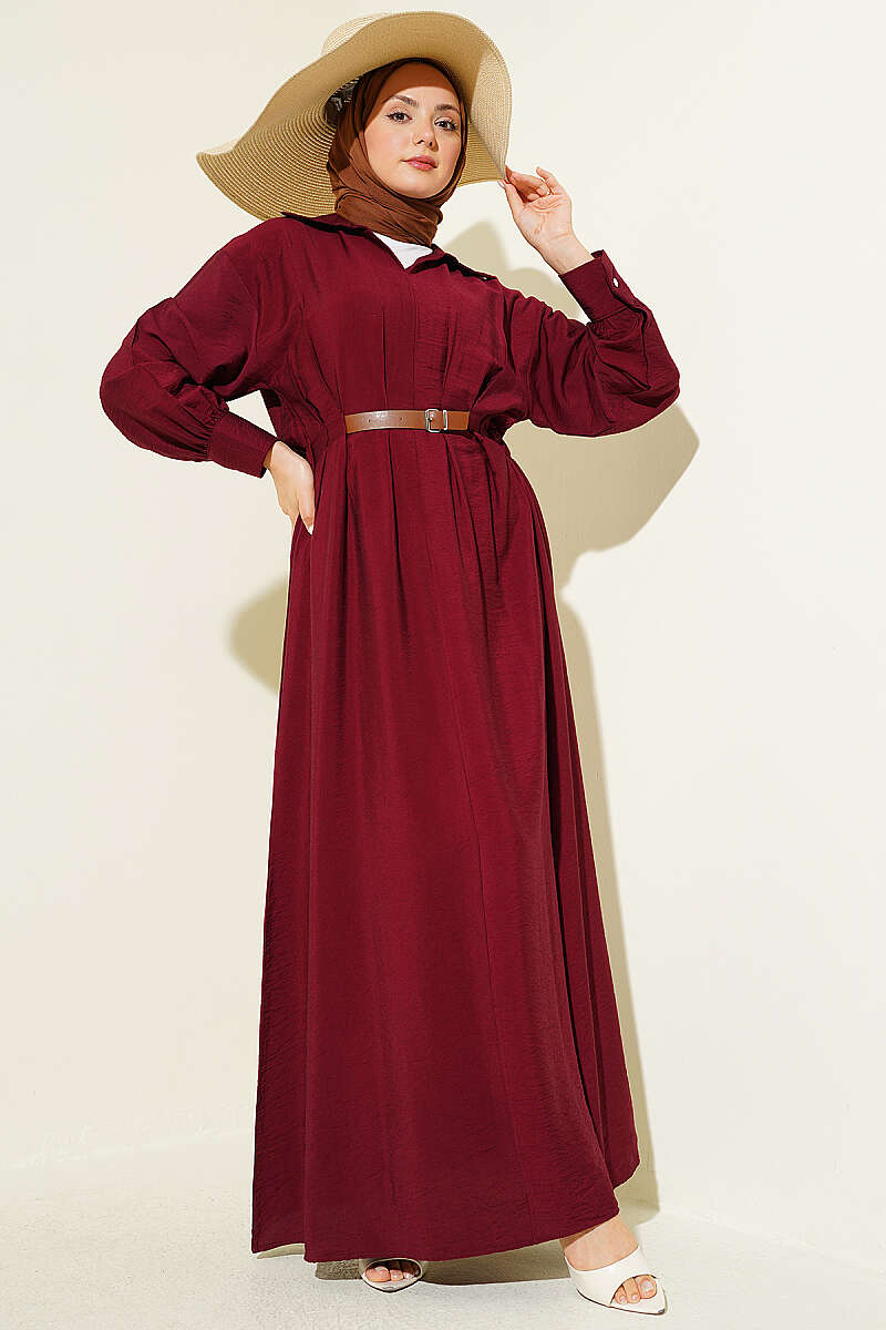 Flared Dress with Darts and Belt Detail - Burgundy