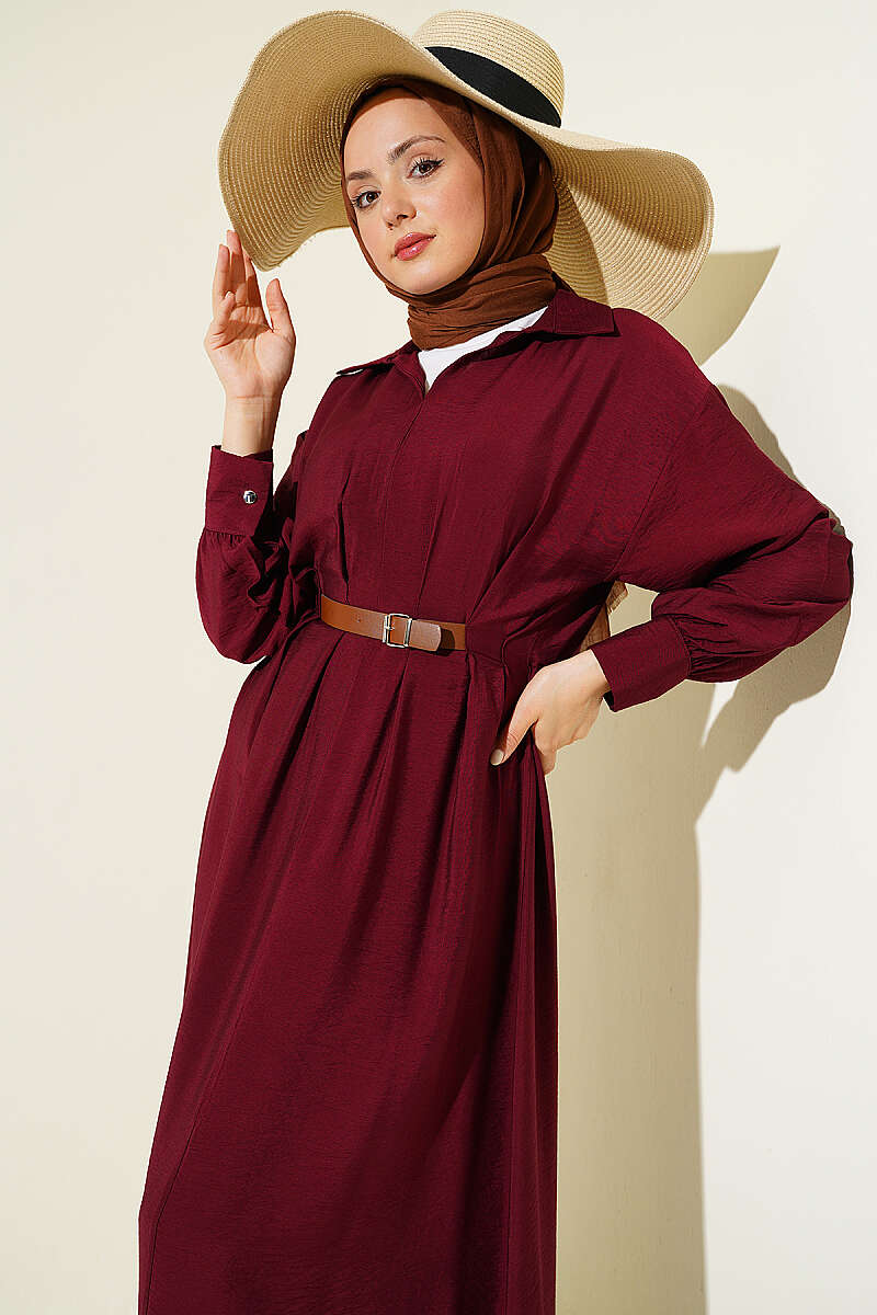 Flared Dress with Darts and Belt Detail - Burgundy