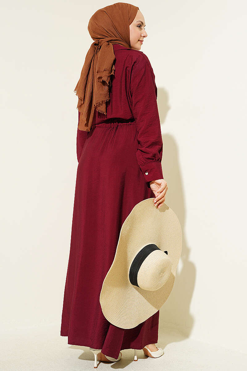 Flared Dress with Darts and Belt Detail - Burgundy