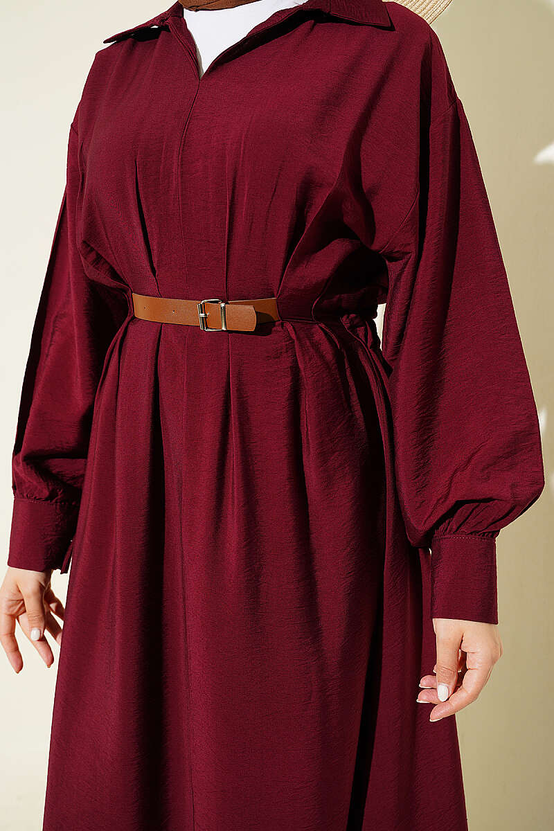 Flared Dress with Darts and Belt Detail - Burgundy