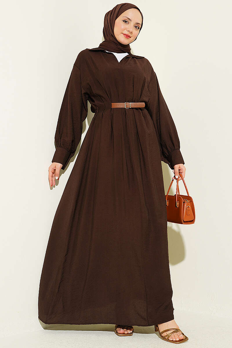 Flared Dress with Darts and Belt Detail - Brown