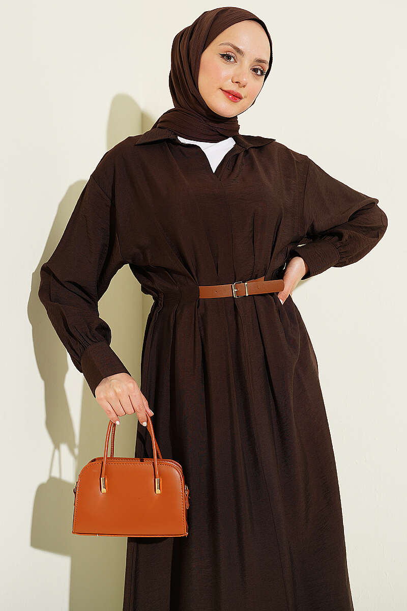 Flared Dress with Darts and Belt Detail - Brown