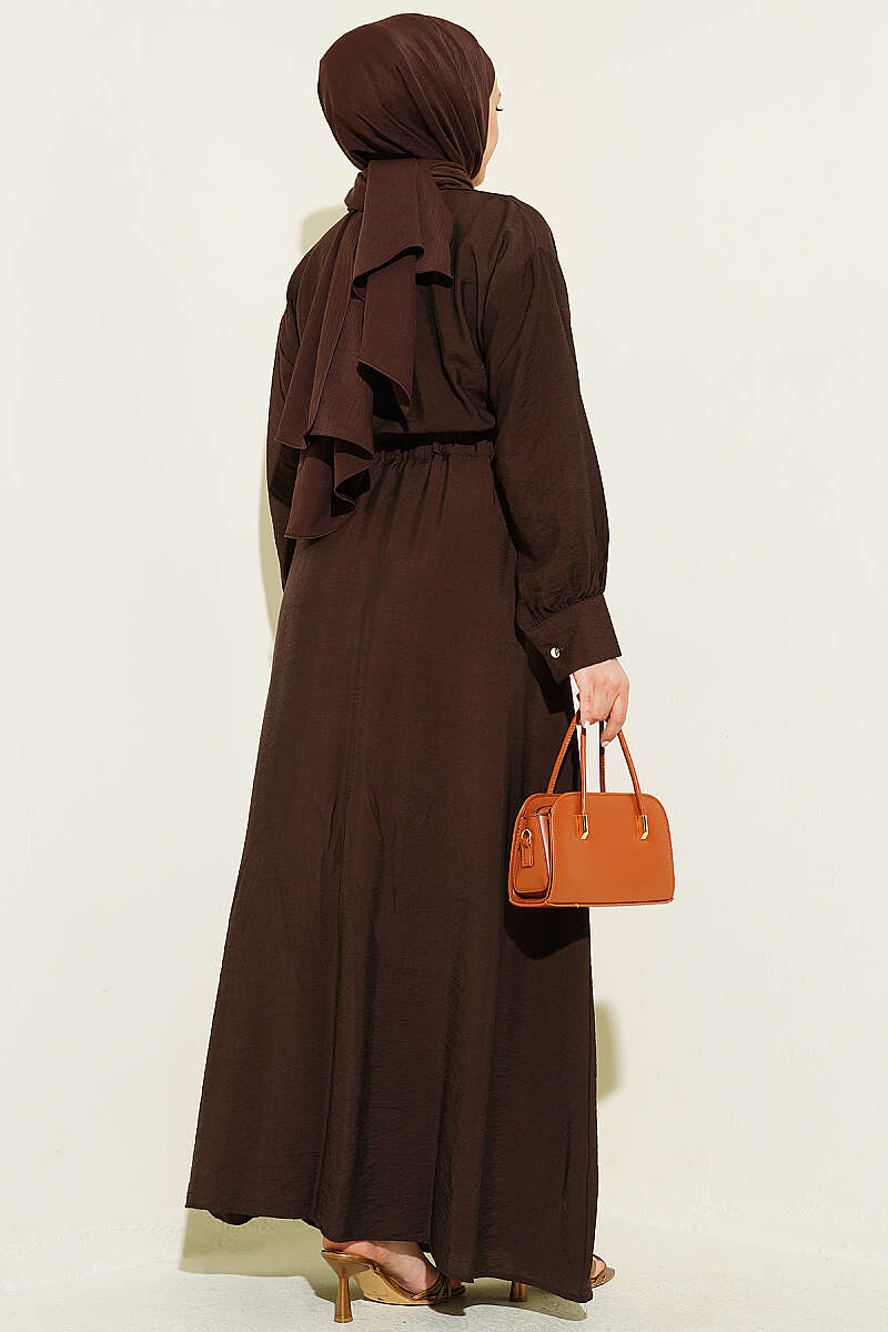 Flared Dress with Darts and Belt Detail - Brown