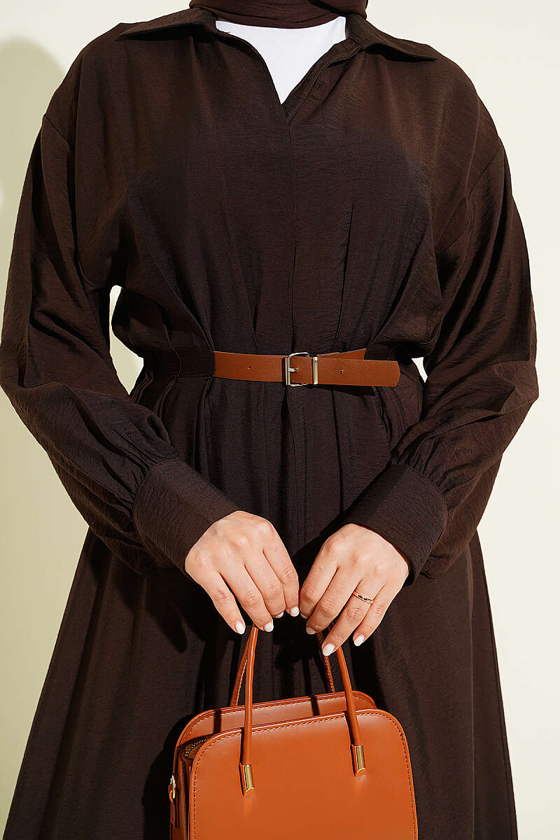 Flared Dress with Darts and Belt Detail - Brown