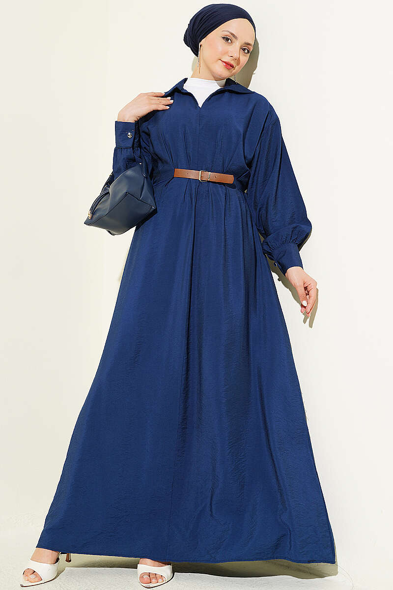 Flared Dress with Darts and Belt Detail - Navy
