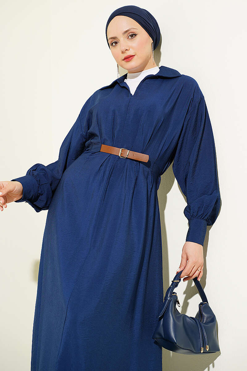 Flared Dress with Darts and Belt Detail - Navy