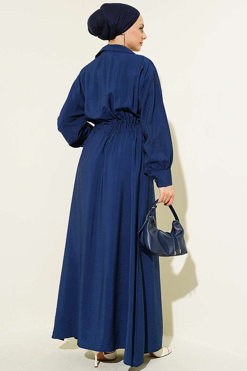 Flared Dress with Darts and Belt Detail - Navy