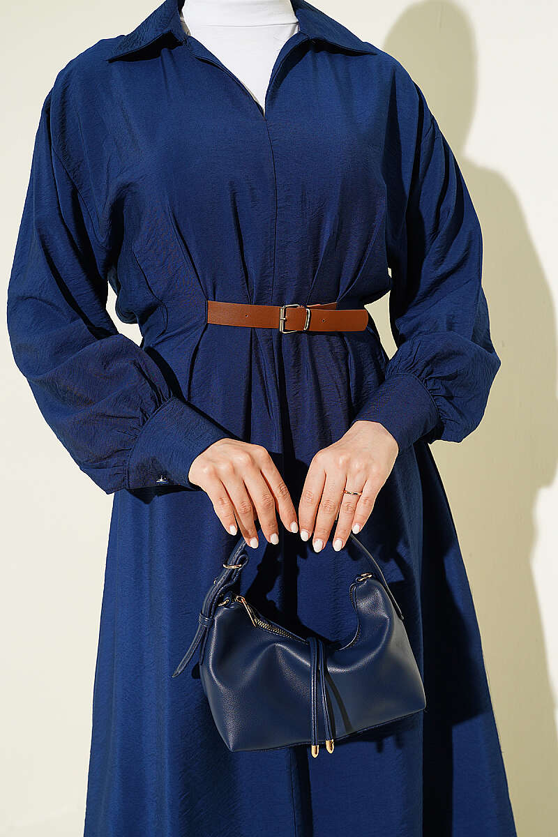 Flared Dress with Darts and Belt Detail - Navy