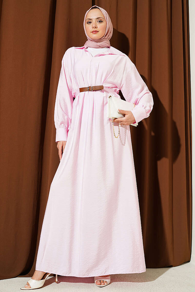 Flared Dress with Darts and Belt Detail - Pink