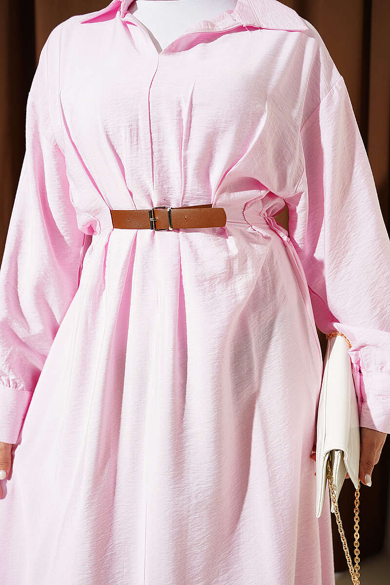 Flared Dress with Darts and Belt Detail - Pink