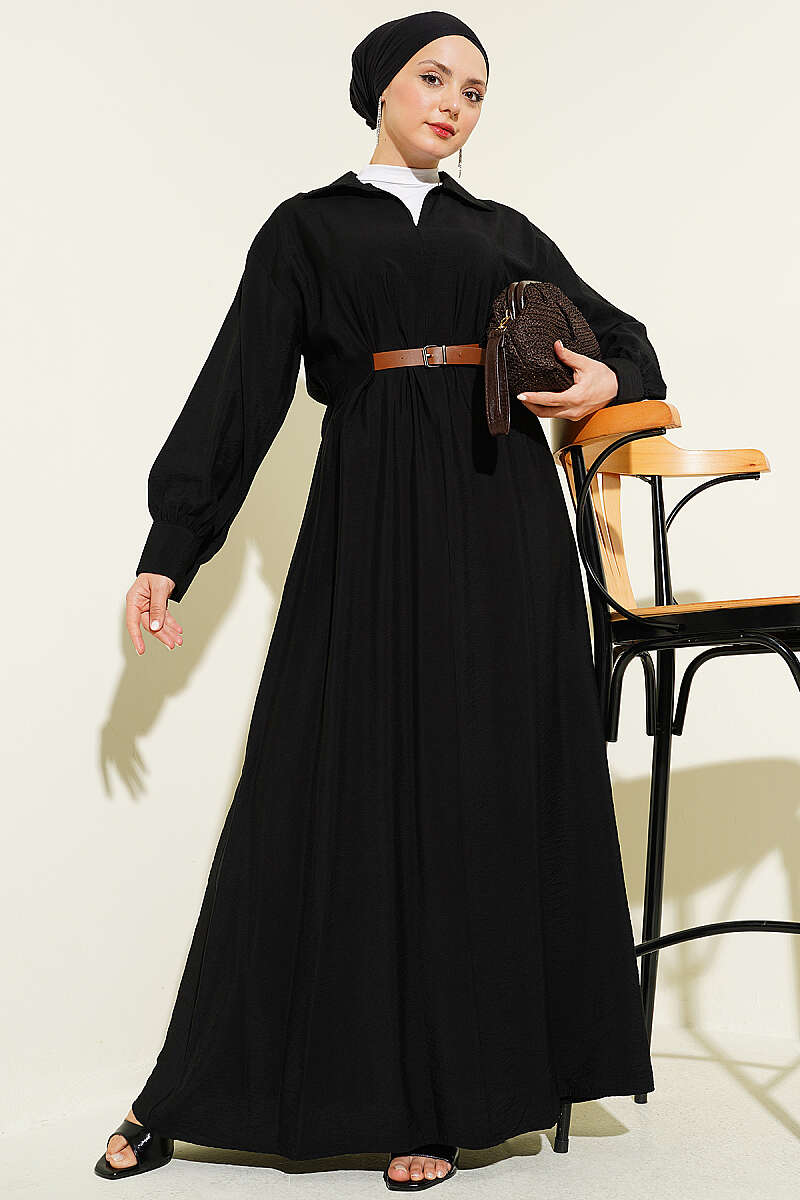 Flared Dress with Darts and Belt Detail - Black