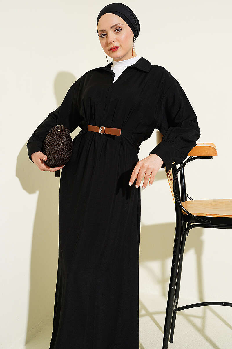 Flared Dress with Darts and Belt Detail - Black