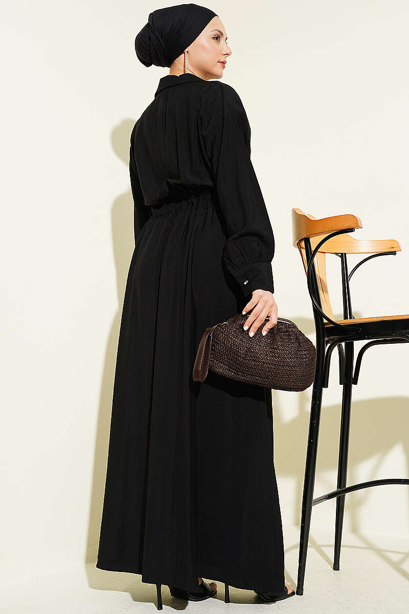 Flared Dress with Darts and Belt Detail - Black