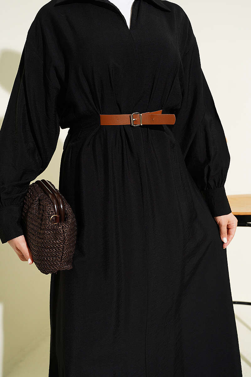 Flared Dress with Darts and Belt Detail - Black