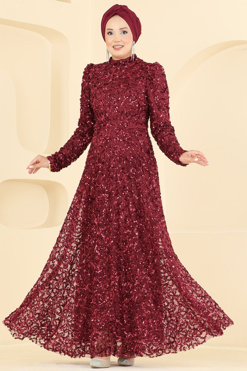 Belted Sequin Evening Dress - Burgundy