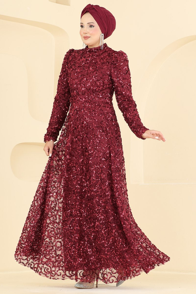 Belted Sequin Evening Dress - Burgundy