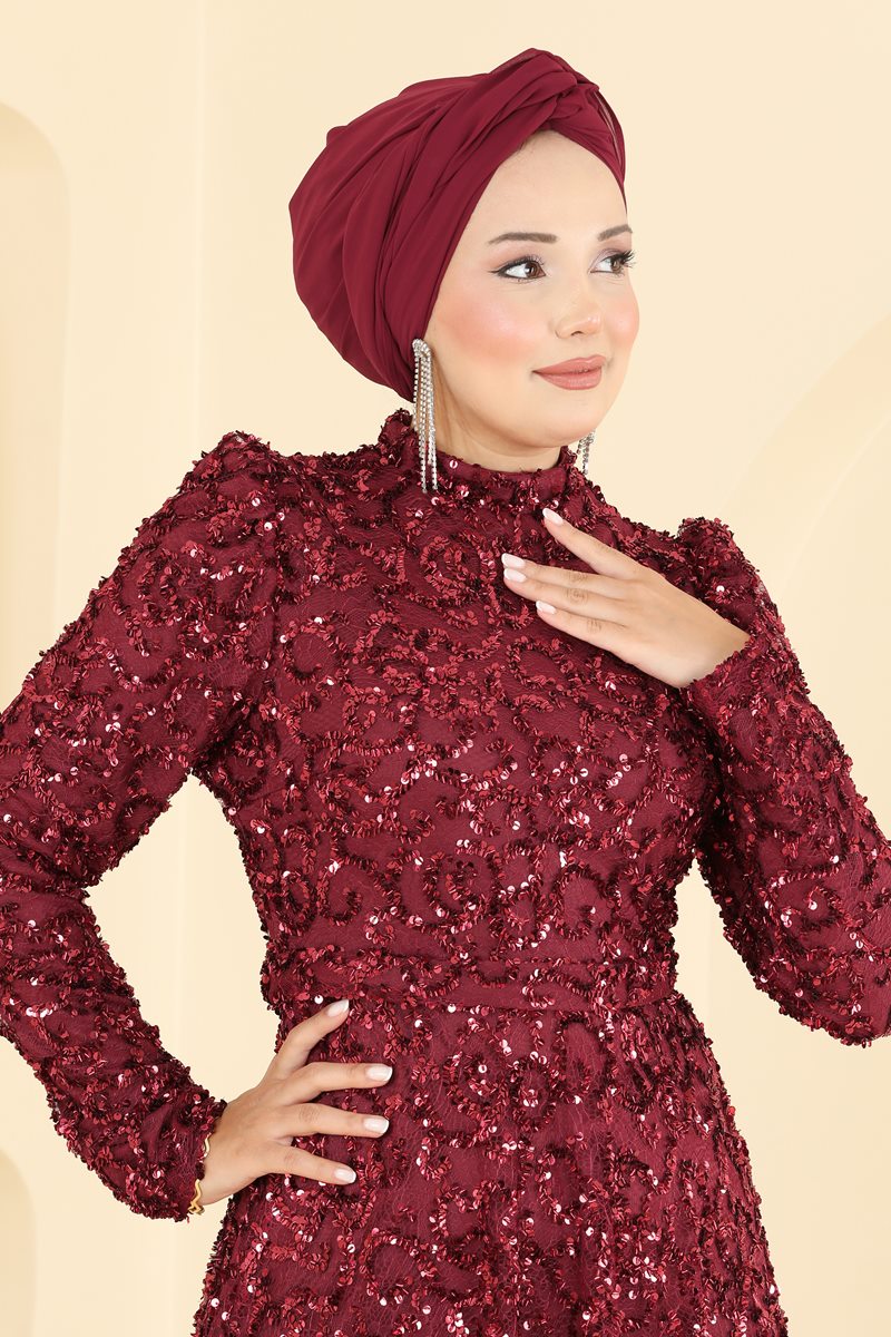 Belted Sequin Evening Dress - Burgundy