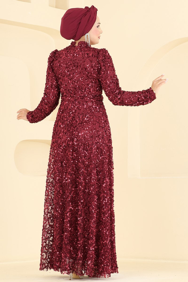 Belted Sequin Evening Dress - Burgundy