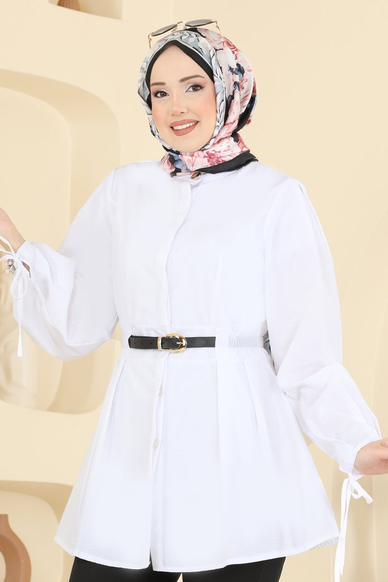 Elegant Belted Poly-Cotton Tunic - Ecru