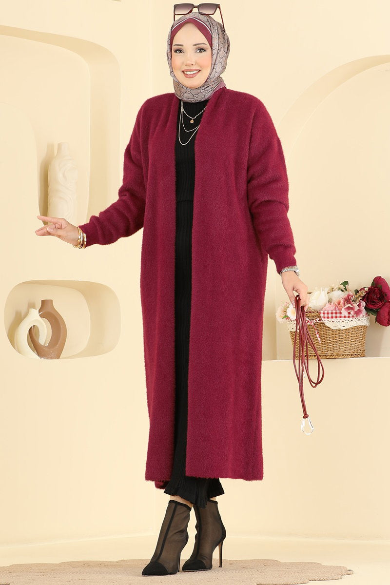 Belted Knit Cape Coat - Burgundy