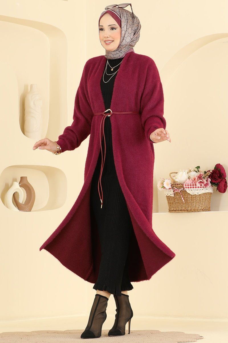 Belted Knit Cape Coat - Burgundy