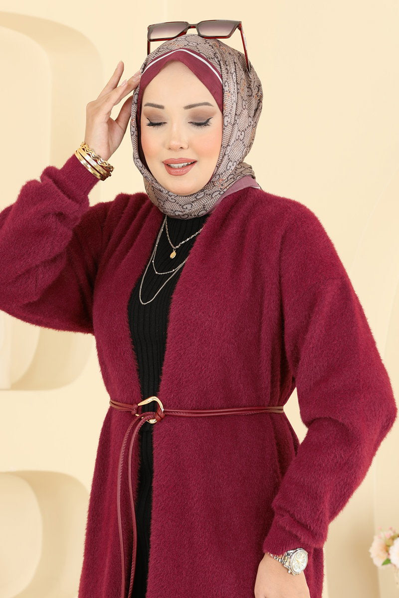Belted Knit Cape Coat - Burgundy