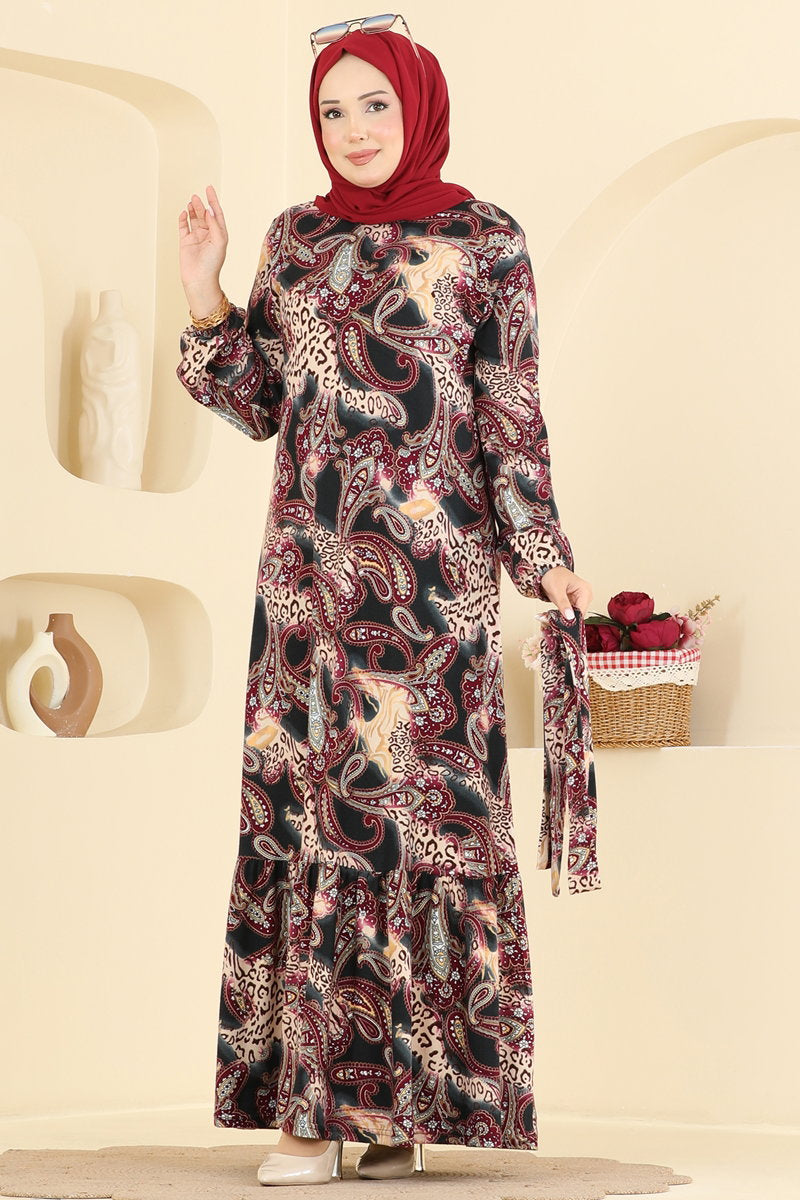 Long Belted Suede Knit Dress - Burgundy