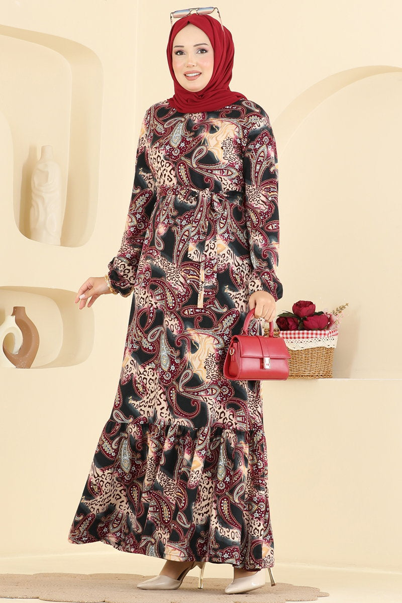 Long Belted Suede Knit Dress - Burgundy