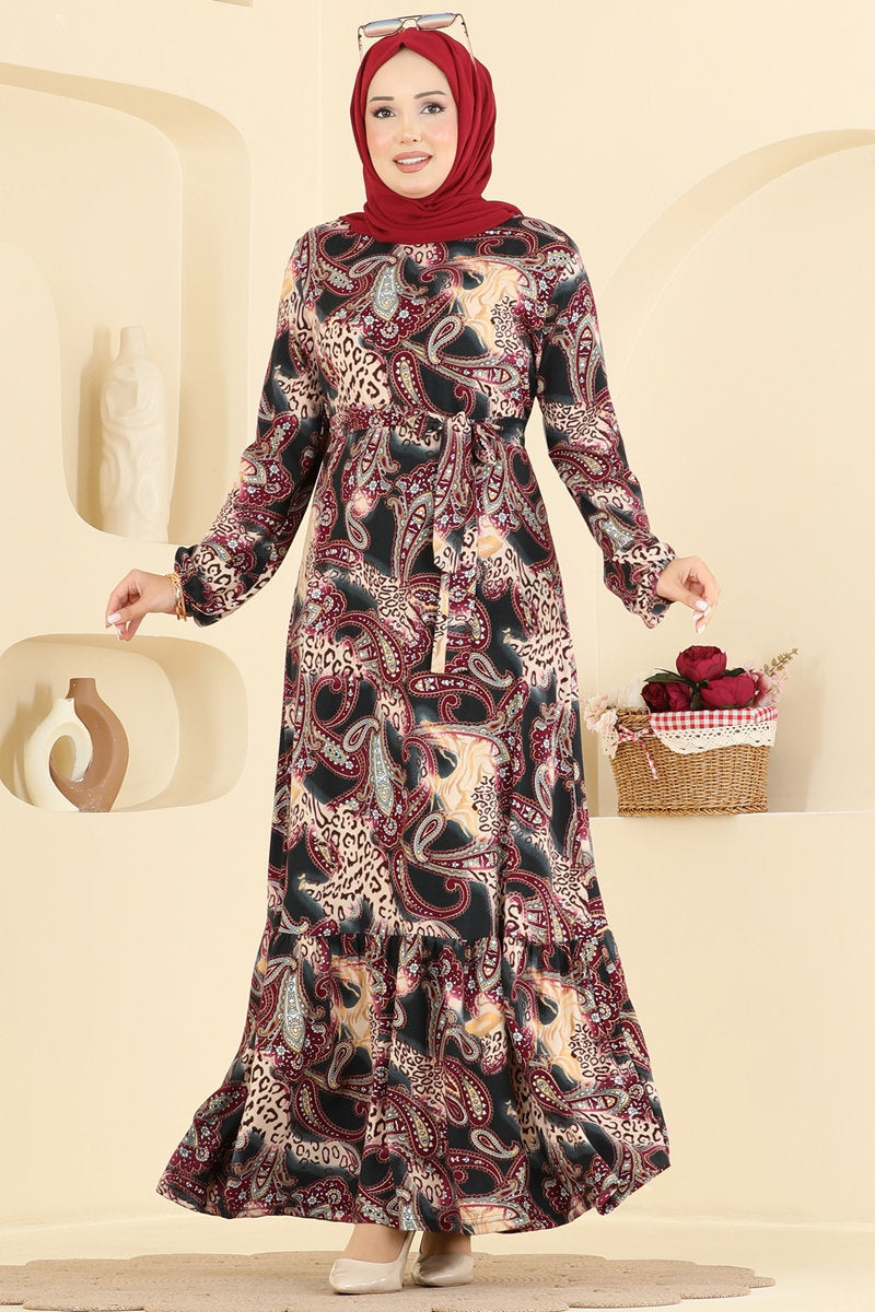 Long Belted Suede Knit Dress - Burgundy