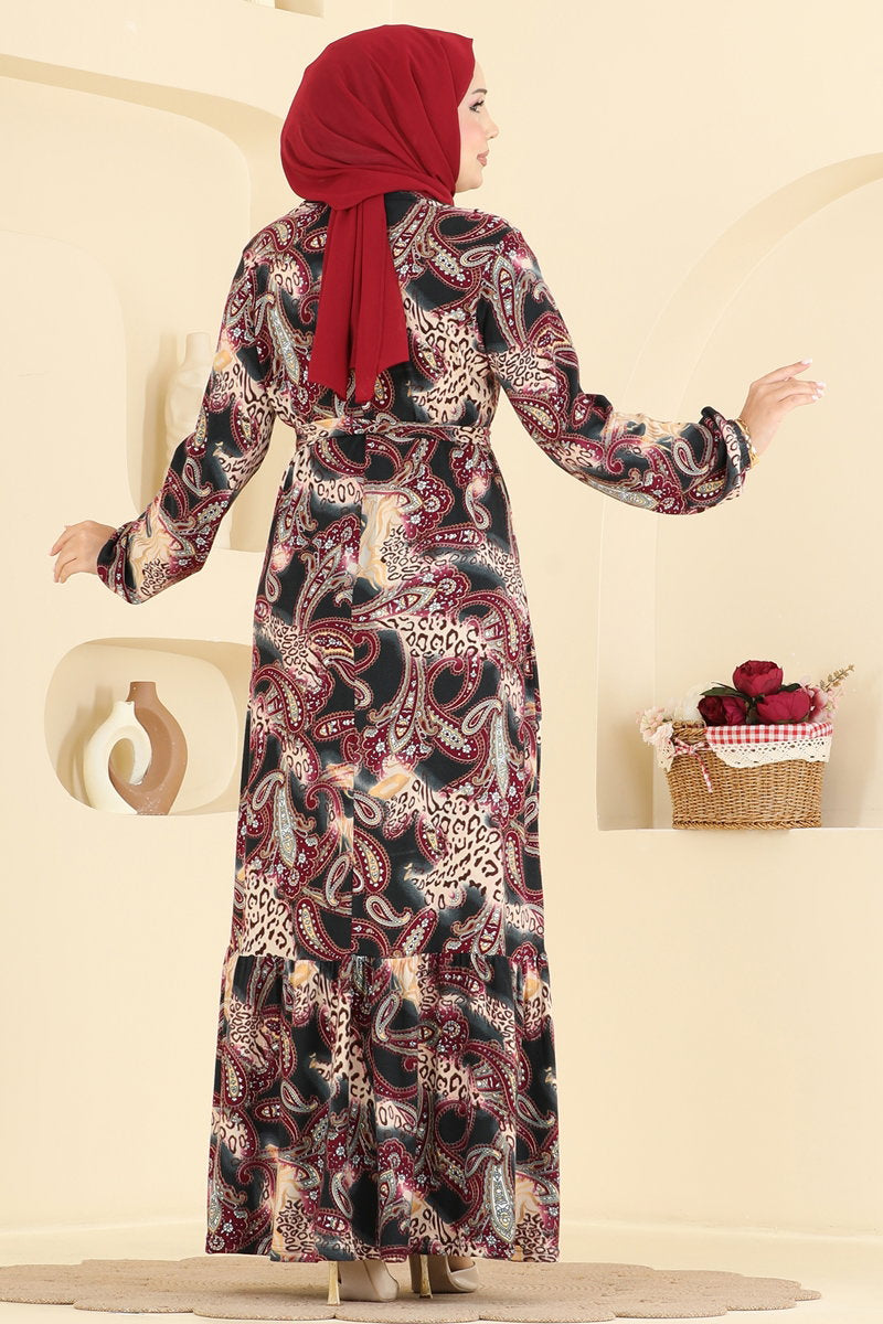Long Belted Suede Knit Dress - Burgundy