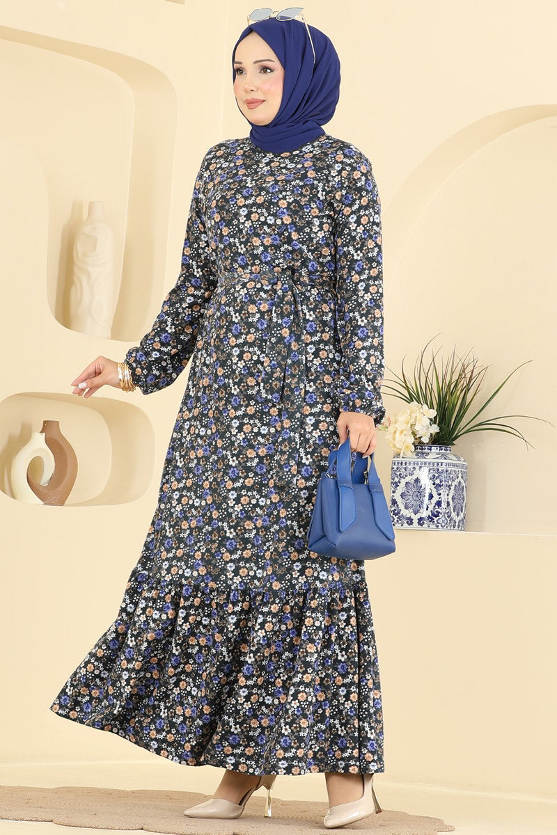 Long Belted Suede Knit Dress - Navy